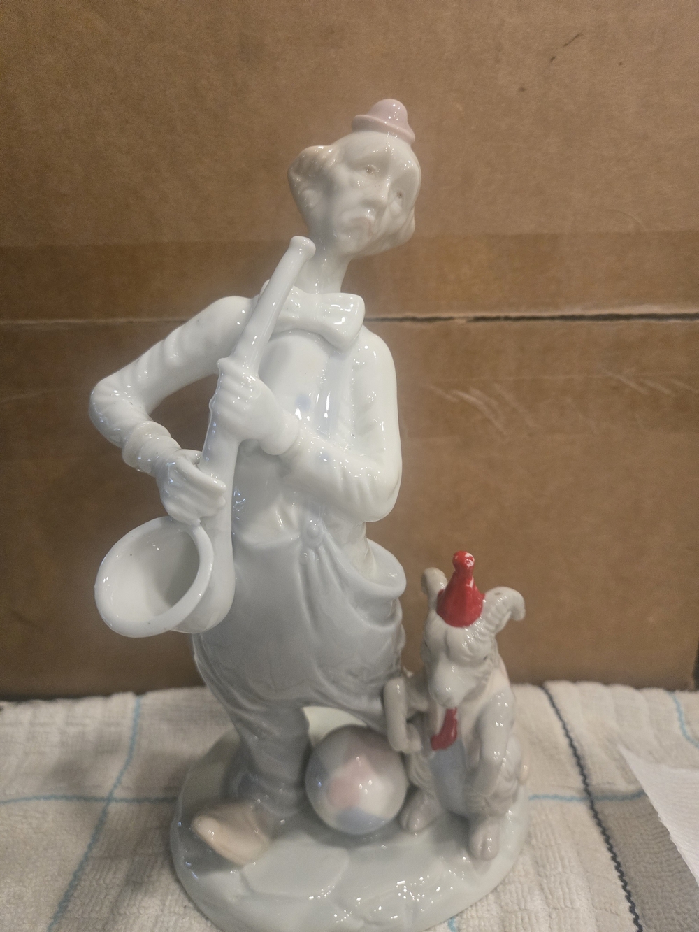 Vintage Porcelain Clown Figurine with Circus Goat & Ball - Pastel 10" Tall